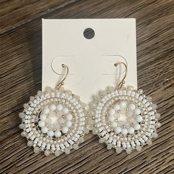 Bohemian Beaded Crystal Gem Boho Summer Vacation Hanging Earrings White and Gold - Picture 2 of 8